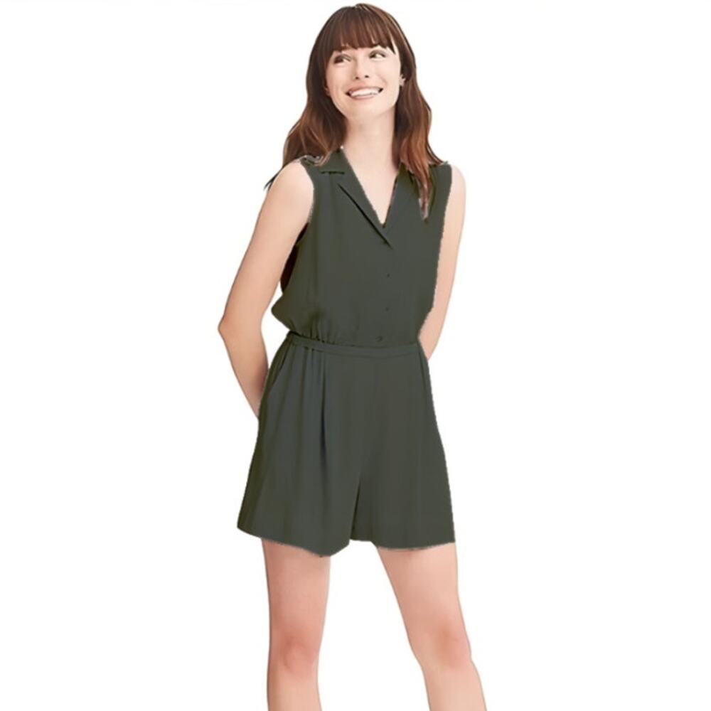 Uniqlo Romper Shorts Sleeveless Collared w Pockets Olive Green Womens Size Large